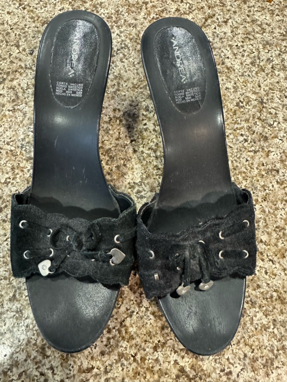 ANDREA FENZI Black Suede Knot Slip-On Heels with Heart Accents
